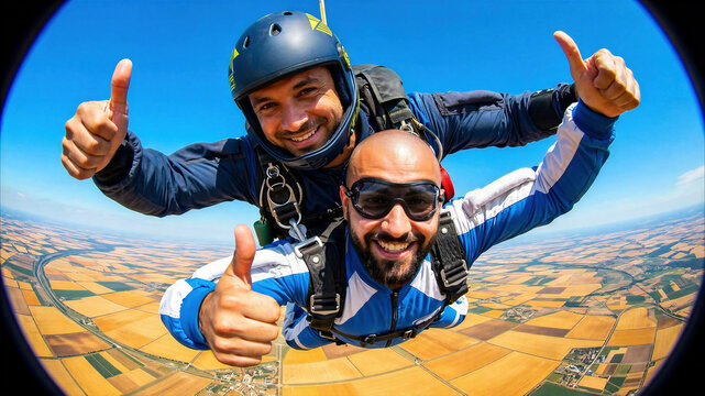 Tandem skydivers taking a selfie above rural fields