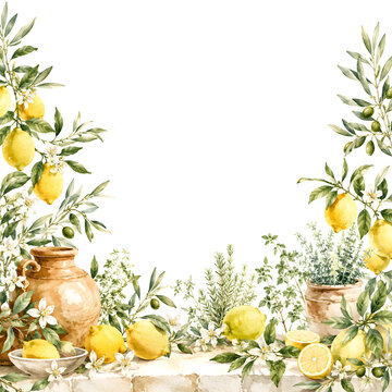 Watercolor Mediterranean lemon border with citrus branches and ceramic pots on white