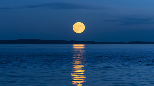 Full moon rise above calm ocean water surface at night with bright golden reflection create peaceful tranquil nature landscape scenic view