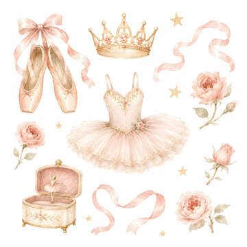 Watercolor Ballet Nursery Clipart Set with Tutu Crown and Roses