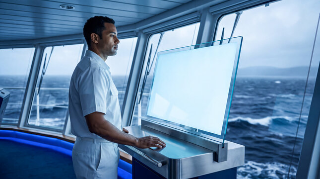 Ship officer monitoring radar screen on bridge of a vessel navigating rough ocean waters