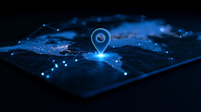 Global map network visualization with a glowing location pin marker symbol representing digital connectivity, logistics, and data transport