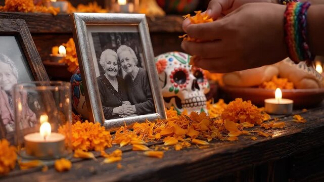 Hands with rainbow bracelets place a vintage photo on a traditional Mexican altar. This scene honors ancestors with marigolds and candles during Dia de los Muertos. Ideal for cultural content.