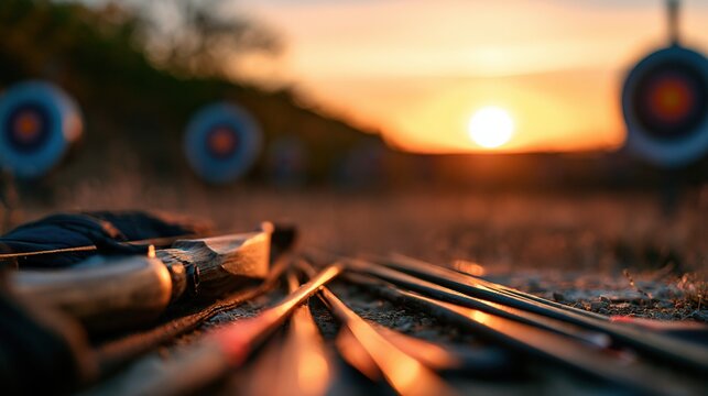 Archery equipment arranged on practice lane at sunset with distant targets