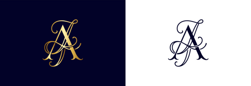 Flowing JA monogram in gold and navy, perfect for elegant logos and branding.