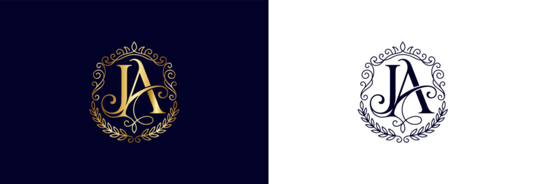 Decorative JA monogram in gold and dark blue, ideal for luxury branding.