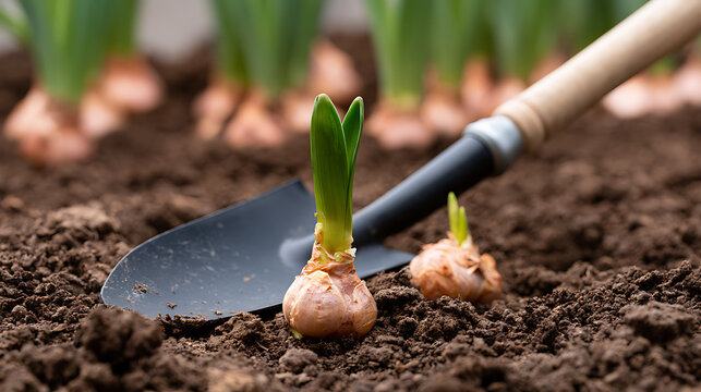 Garden shovel and common hyacinth Hyacinthus orientalis bulb in soil for spring planting, agriculture and horticulture concept close up