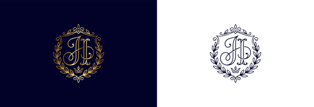 Elegant jl monogram emblem in gold and navy blue for luxury branding and design.