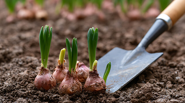 Hyacinthus orientalis common hyacinth bulbs sprout in dark soil near a garden trowel during spring season for agriculture and nature