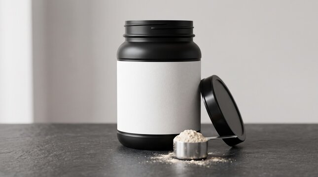 Matte black supplement jar with blank label and scoop of protein powder beside it. Perfect for fitness, nutrition, and product packaging mockups.