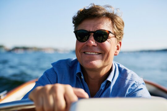 Confident helmsman steering leisure boat on calm coastal water