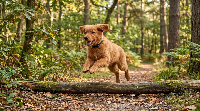 Playful golden retriever puppy jumping over a fallen log on a trail in autumn forest. Concept of furry, dog, running.