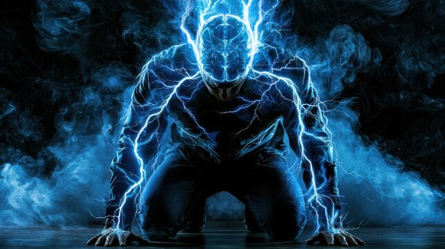 A man kneels in a smoky atmosphere, surrounded by blue lightning, symbolizing intense mental energy and cognitive power.