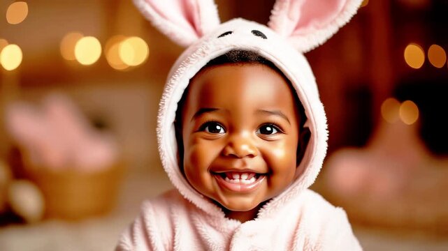 Happy african american baby in pink bunny costume smiling on bokeh background. Cute kid in rabbit outfit celebrating Easter. Childhood joy and spring holiday concept.