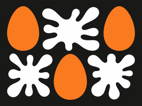 Abstract flat graphic layout showing orange egg shapes alternating with white fluid paint splatter blobs on black background