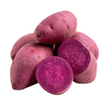 Yams in  on a white background showing whole and cut purple yams
