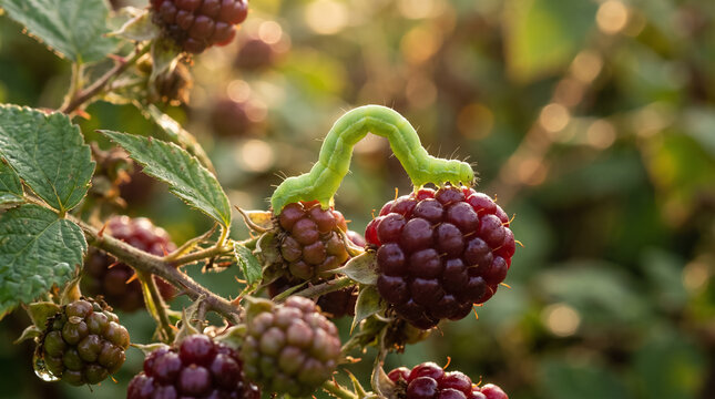 Green inchworm caterpillar crawling on ripe blackberry in organic garden on sunny day. Concept of garden pest, insect, larva, agriculture, blackberry bush, berry, wild berry.