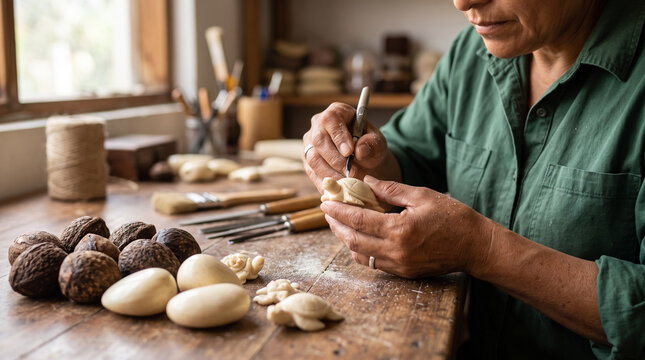 Artisan Carving Intricate Turtle Figurine from Tagua Nut Vegetable Ivory in Workshop. Concept of craftsman, handcraft, sculptor, woodcarving tools, hand carving.
