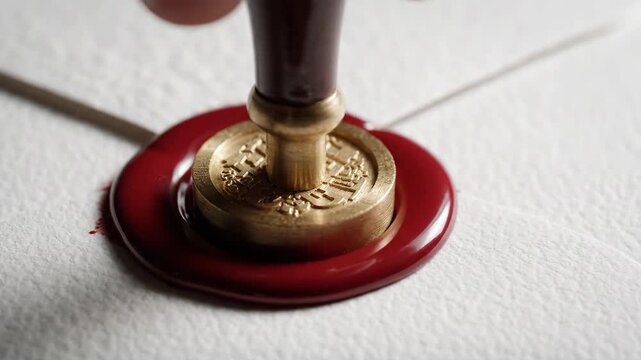 Brass Seal Stamping Blank on Red Sealing Wax and Paper, Handcrafted Embossing with Traditional Texture, Detail, and Formal Impression