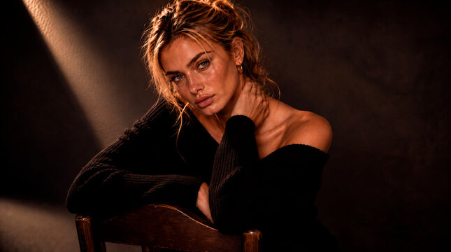 Elegant blonde woman posing on a wooden chair in a dramatic fashion portrait, wearing a black off-shoulder sweater and looking directly at the camera. Warm cinematic lighting, deep shadows, natural sk