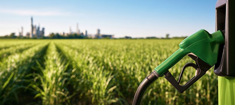 Green fuel nozzle at dispenser with sugarcane field and biofuel plant in background
