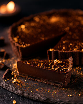 Close-up commercial food photography of a gourmet artisanal Halloween dark chocolate tart dusted with edible gold powder, moody dark slate background, dramatic side light with a single flickering cand