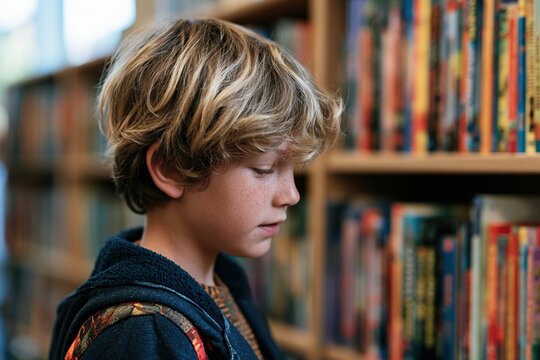 Young student browsing books in a bright school library