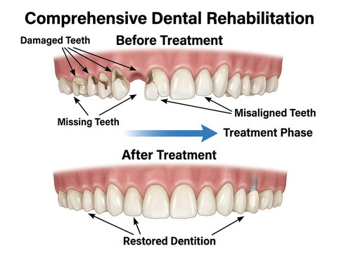 Comprehensive dental rehabilitation before and after treatment illustration isolated on white background