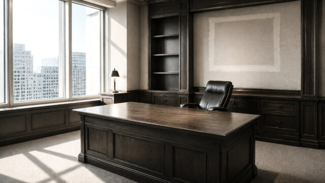 Empty executive office with a large dark wood desk, leather chair and city view through floor to ceiling windows