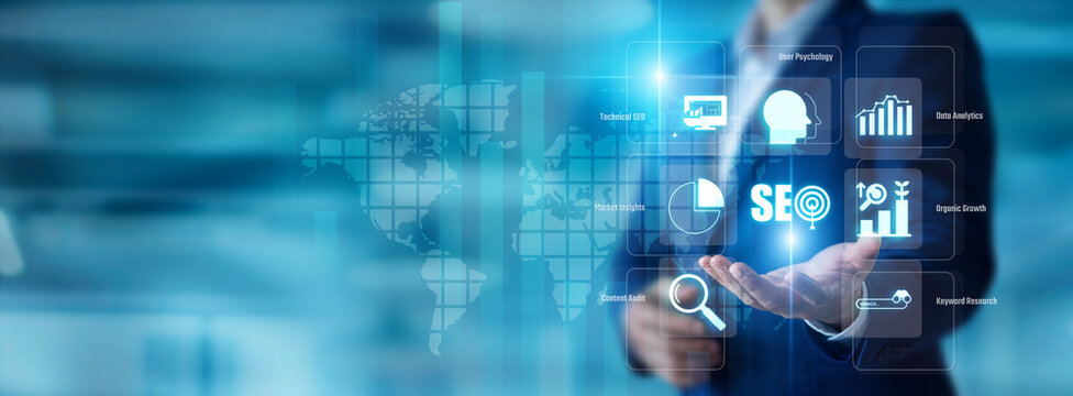 Marketing expert holding a magnifying glass in hand. SEO improves global website ranking and organic traffic growth. Digital optimization strategy boosts online visibility.