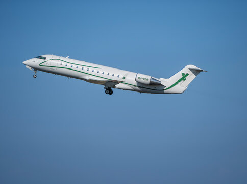 AirX Mitsubishi Challenger 850 takes off at MXP Milano Malpensa international airpor