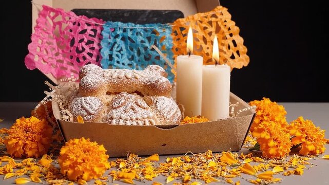 Mexican pan de muerto bread in a box with lit candles and marigold flowers. A traditional Day of the Dead celebration setting. Ideal for cultural, holiday, or food content.