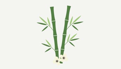 Obraz premium Natural illustration showing two green bamboo stalks with leaves and white flowers on a light background.