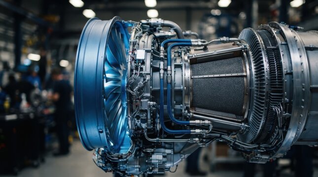 Futuristic jet engine concept with electric fan blades, hydrogen feed lines, ceramic combustor panels, and cooling vanes.