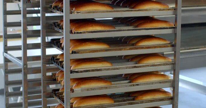 rows of evenly browned oval loaves resting on perforated metal trays inside stainless steel mobile racks, staged for cooling or packing in clean commercial bakery