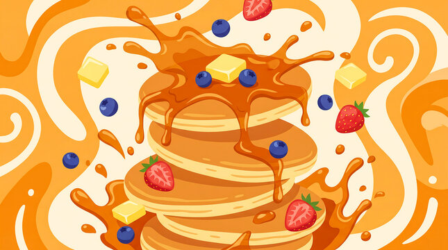 Stack of fluffy pancakes with maple syrup butter strawberries and blueberries