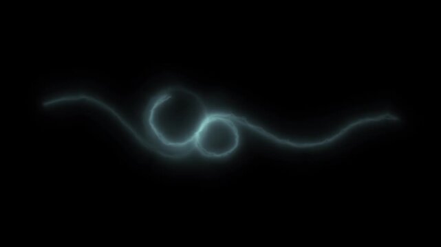 Cyan plasma wave line depicts flowing glowing electric energy currents forming loops with subtle smoke against black background. 4K animation.