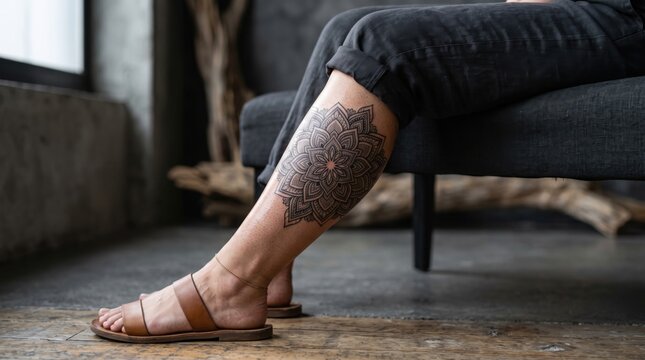 Close-up of a person's leg showing an intricate mandala tattoo on the calf.