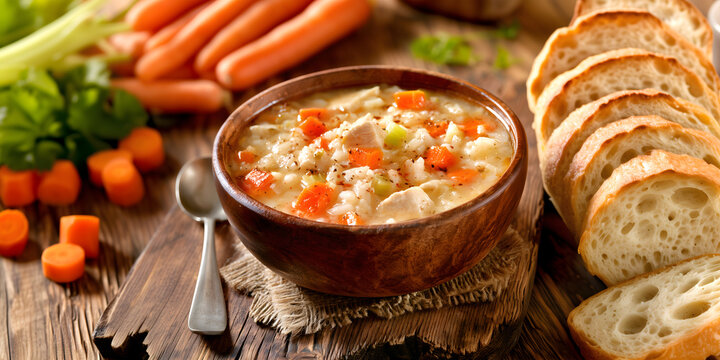 Creative food template. Comforting bowl of chicken and rice soup broth with with carrots and celery on rustic wooden table with slices of toast sourdough bread. copy text space