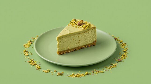 A slice of creamy pistachio cheesecake topped with chopped pistachios on a green plate over a matching green background.