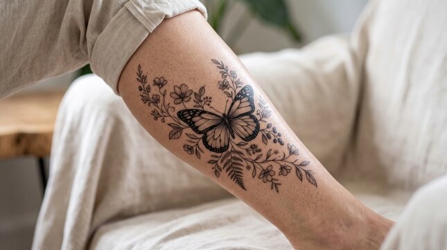 Close-up of a detailed black ink tattoo of a butterfly and flowers on a person's arm.