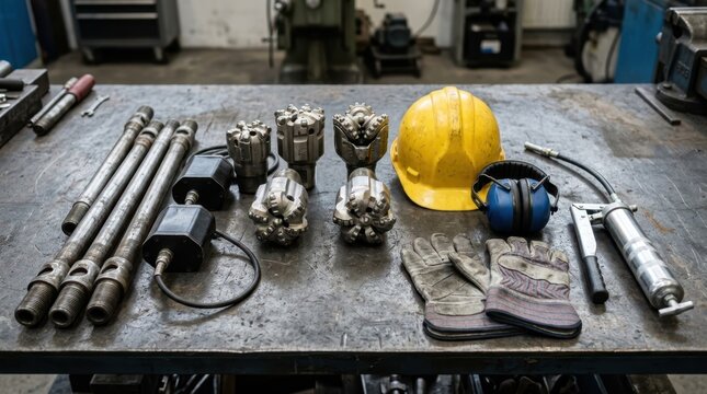 Drill bits, sensor pods, hard hat, ear defenders, gloves, grease gun, and steel drill rods arranged on a metal bench.