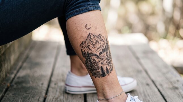 Close-up of a detailed mountain landscape tattoo on a person's calf.