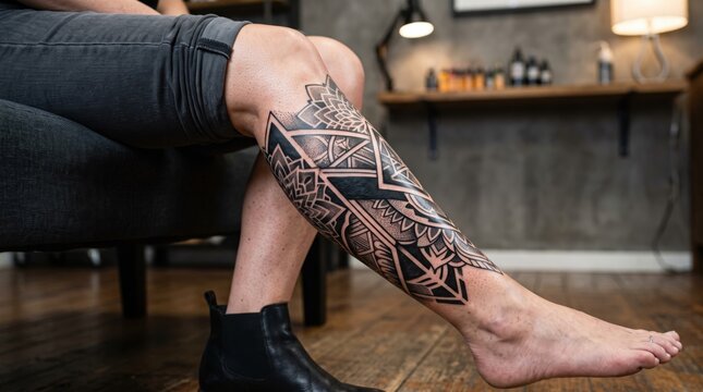 Close-up of a man's leg showcasing an intricate black and grey geometric tattoo on his.