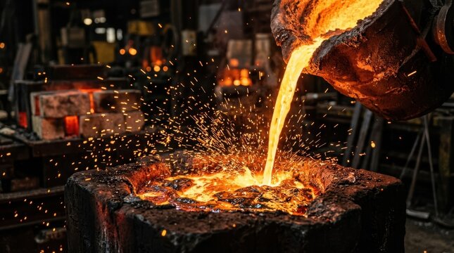 Molten steel pouring from ladle into graphite mold with sparks, slag, and glowing furnace bricks in a foundry