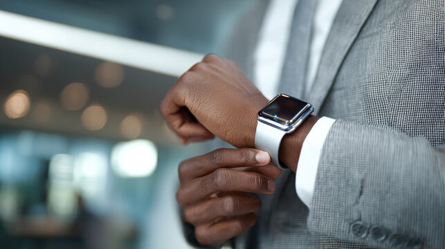 Man checks time on smartwatch