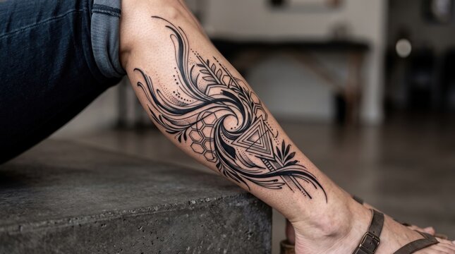 Close-up of an intricate black and grey abstract tattoo on a person's calf.