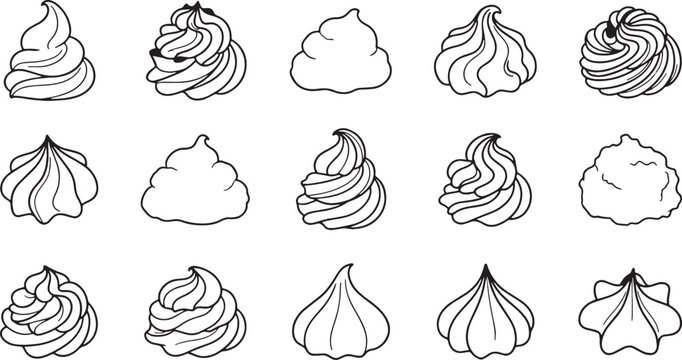 Doodle set of whipped cream and meringue, hand drawn vector icons, black outline illustration for dessert and bakery concept.