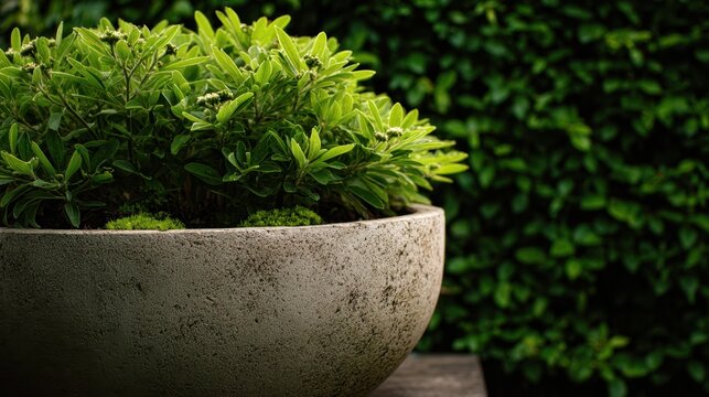 Green plants in a round pot on wood