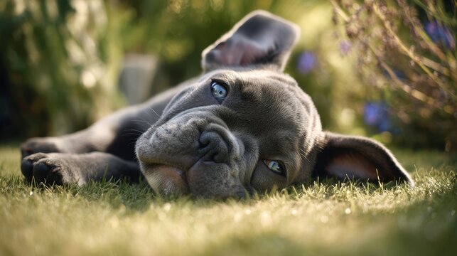 Dog relaxing on grass in garden